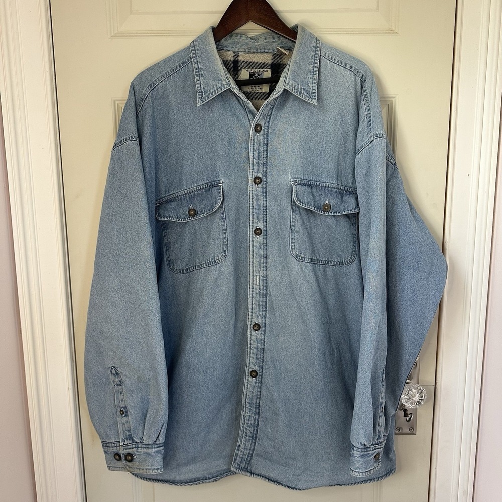 Vintage Denim Shacket Shirt Men XXL World Island Fleece Lined Jacket 80s 90s
